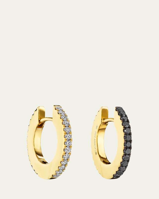 18K Gold SOLO Hoop Earrings with White Diamonds and Black Diamonds, Small 15mm